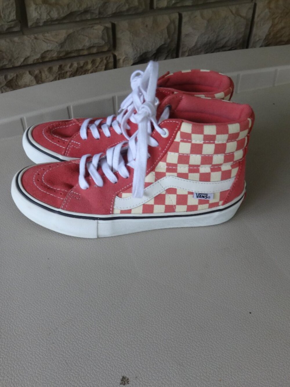 Vans Red and Cream Checkerboard Sk8-Hi Sneakers